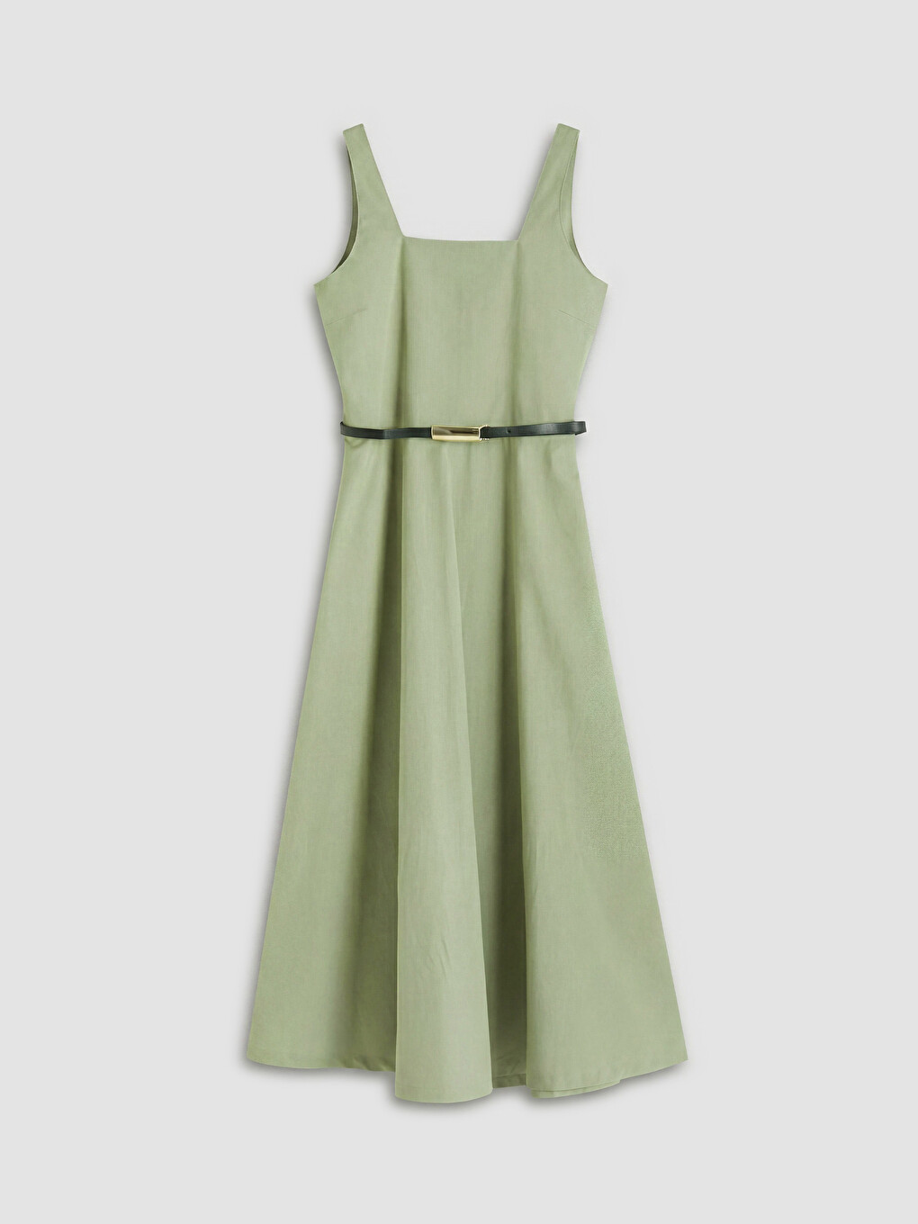 Square Neck Belted Waist Poplin Dress-4