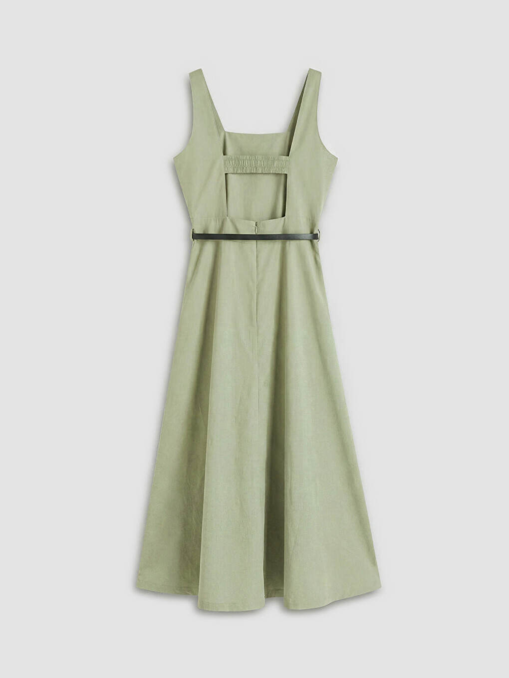 Square Neck Belted Waist Poplin Dress-5