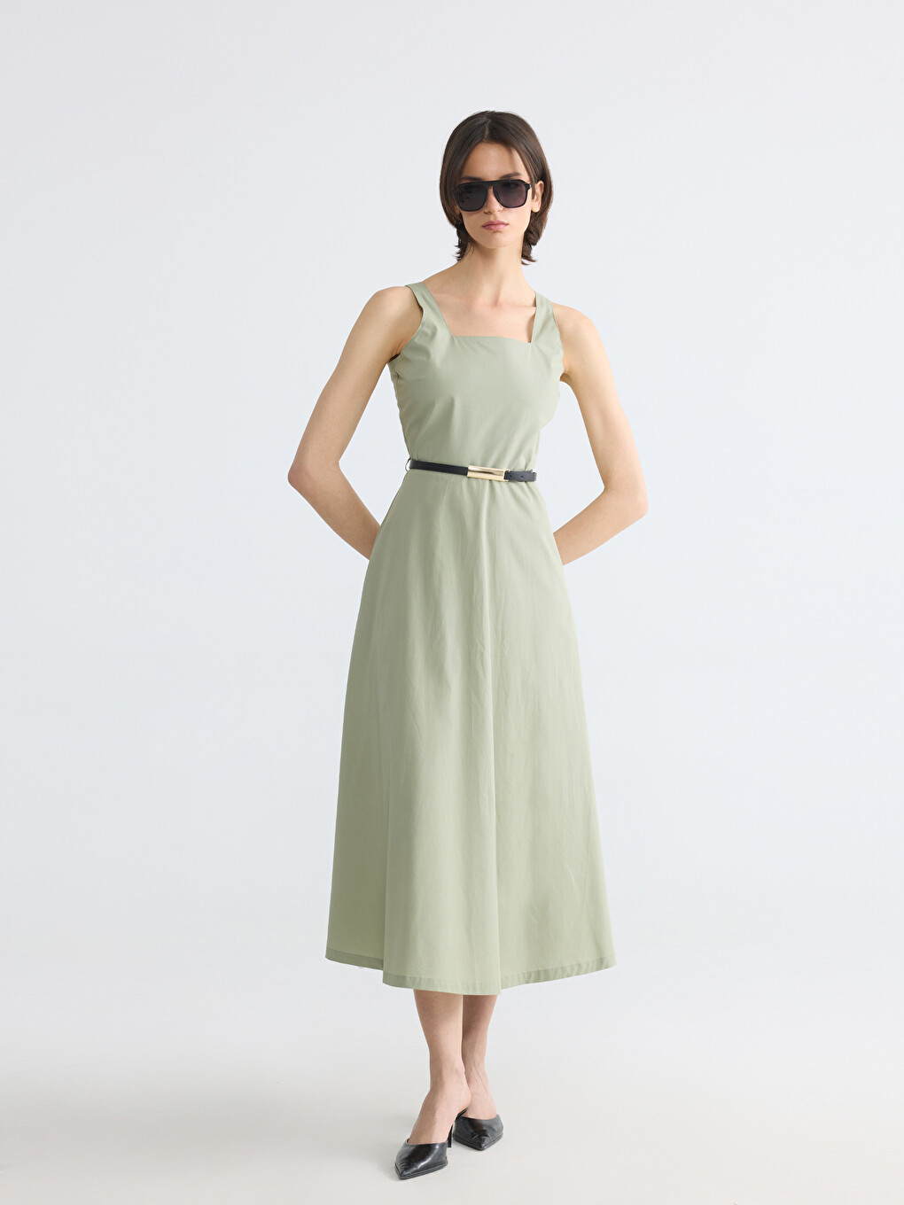 Square Neck Belted Waist Poplin Dress-1
