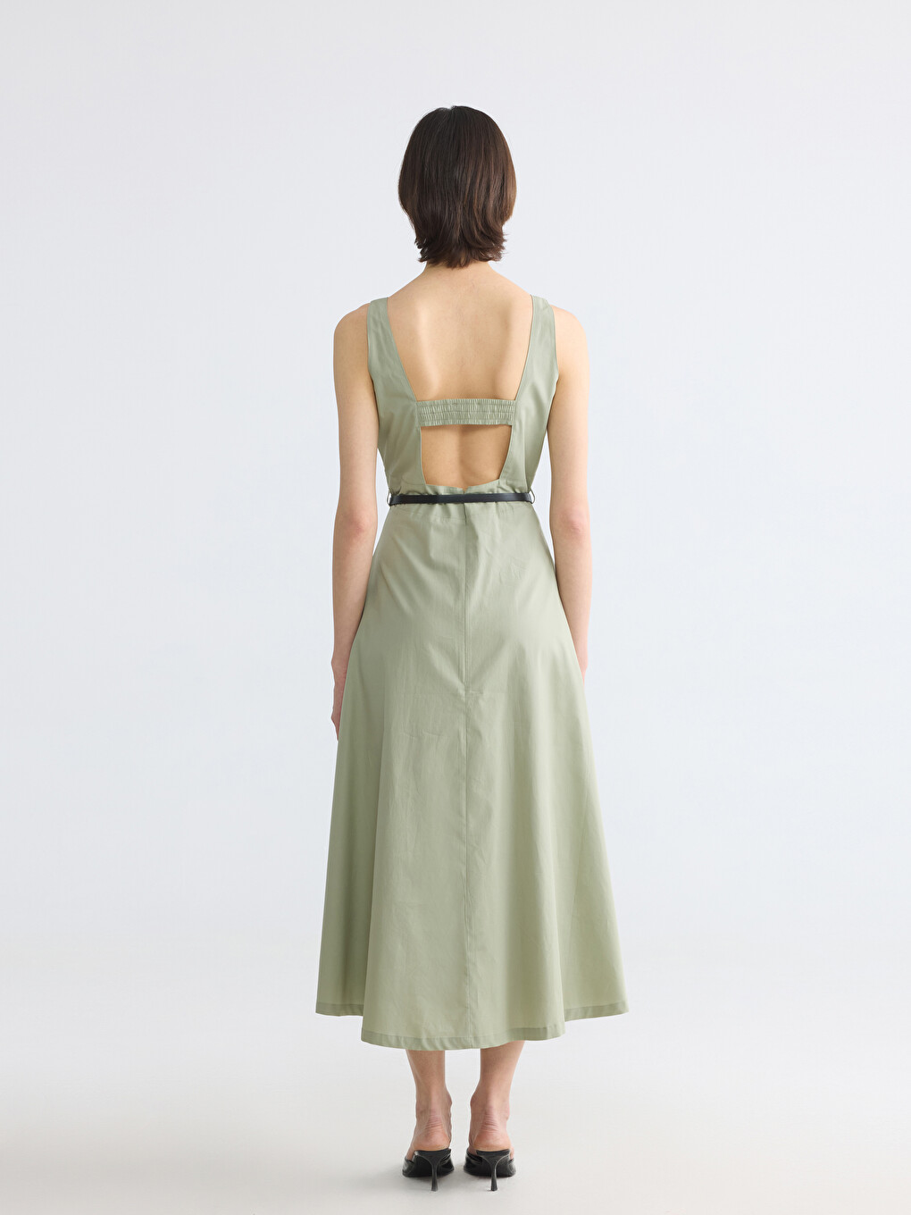 Square Neck Belted Waist Poplin Dress-3