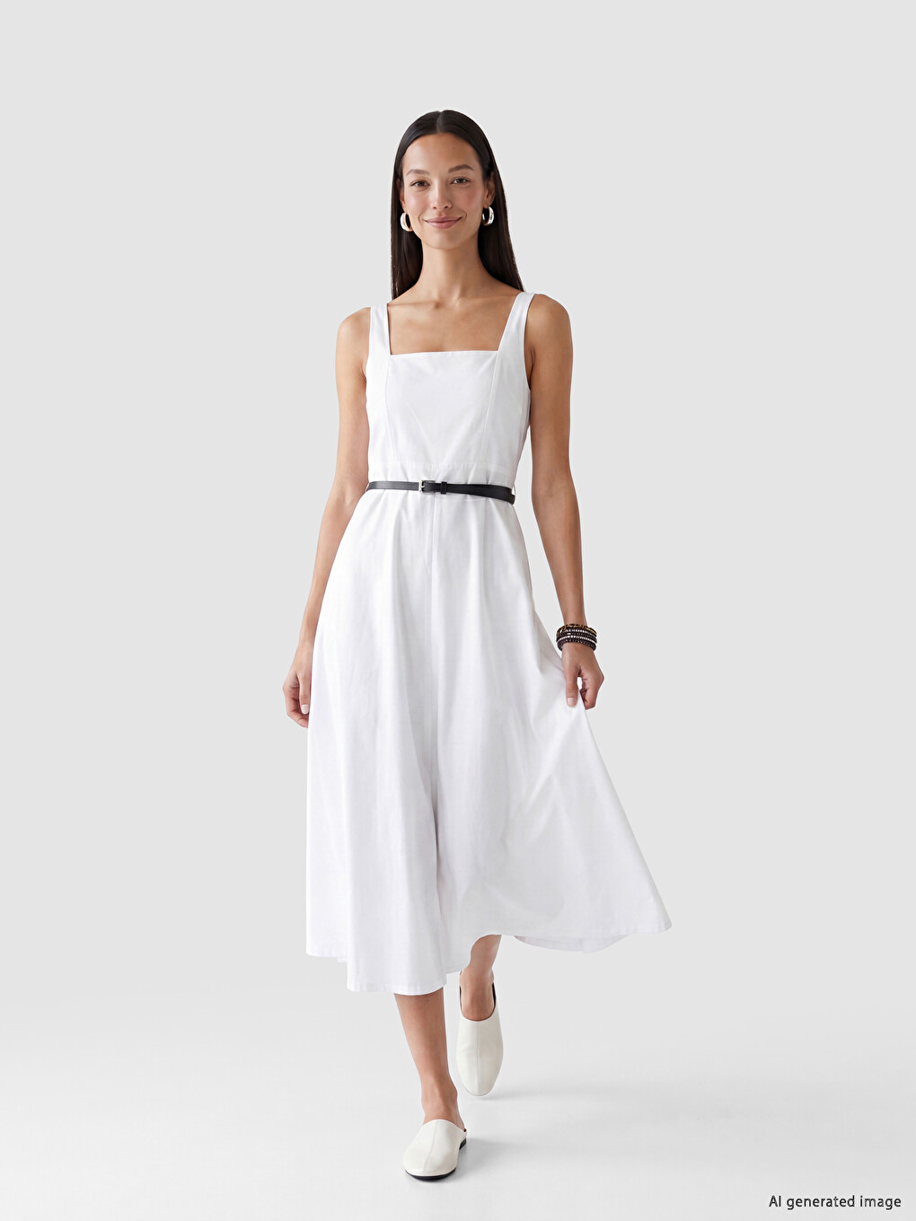 Square Neck Belted Waist Poplin Dress-1