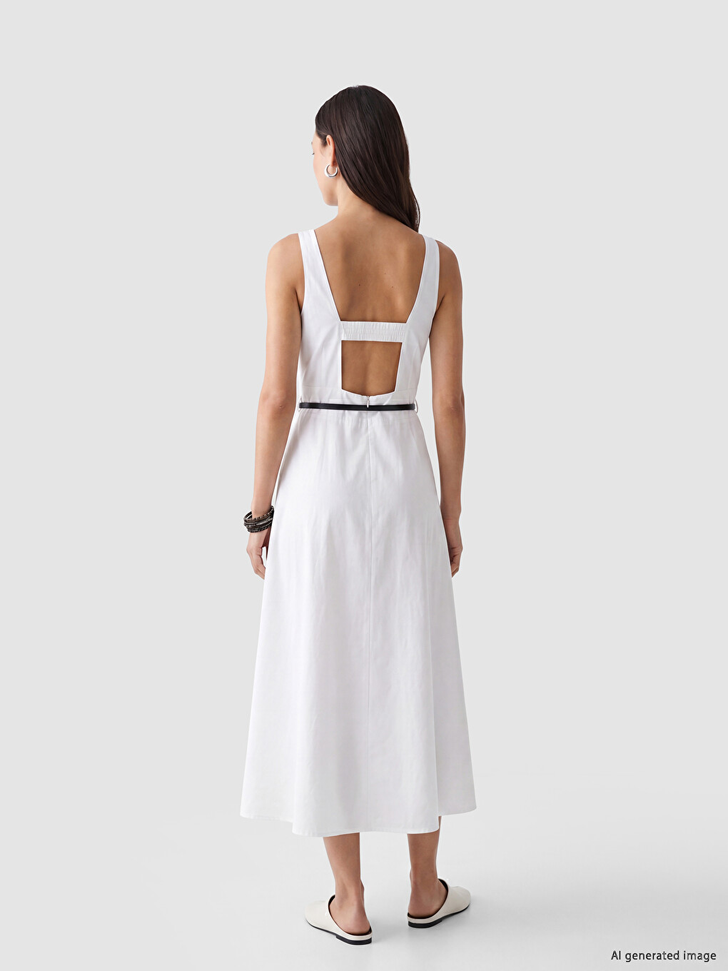 Square Neck Belted Waist Poplin Dress-2