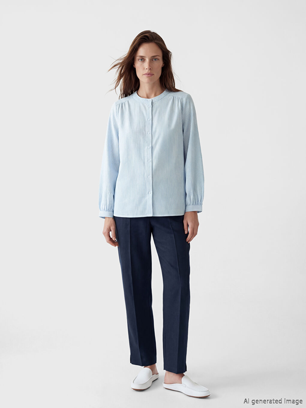 Grandad Collar Striped Women's Shirt-1