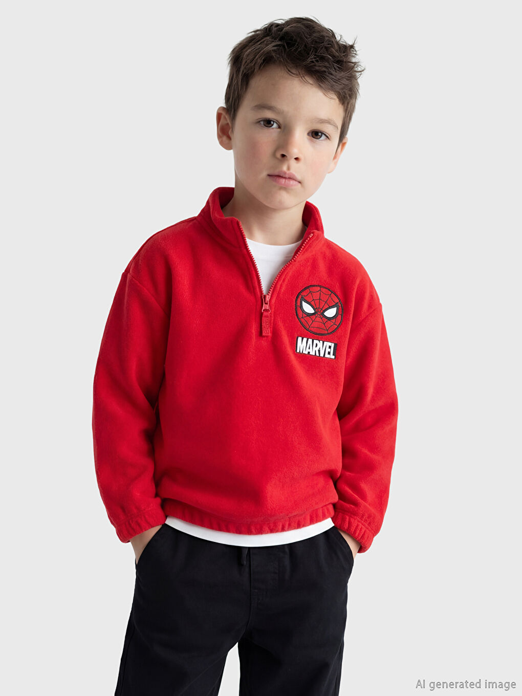 Kırmızı Spider-Man Nakışlı Erkek Çocuk Polar Sweatshirt	