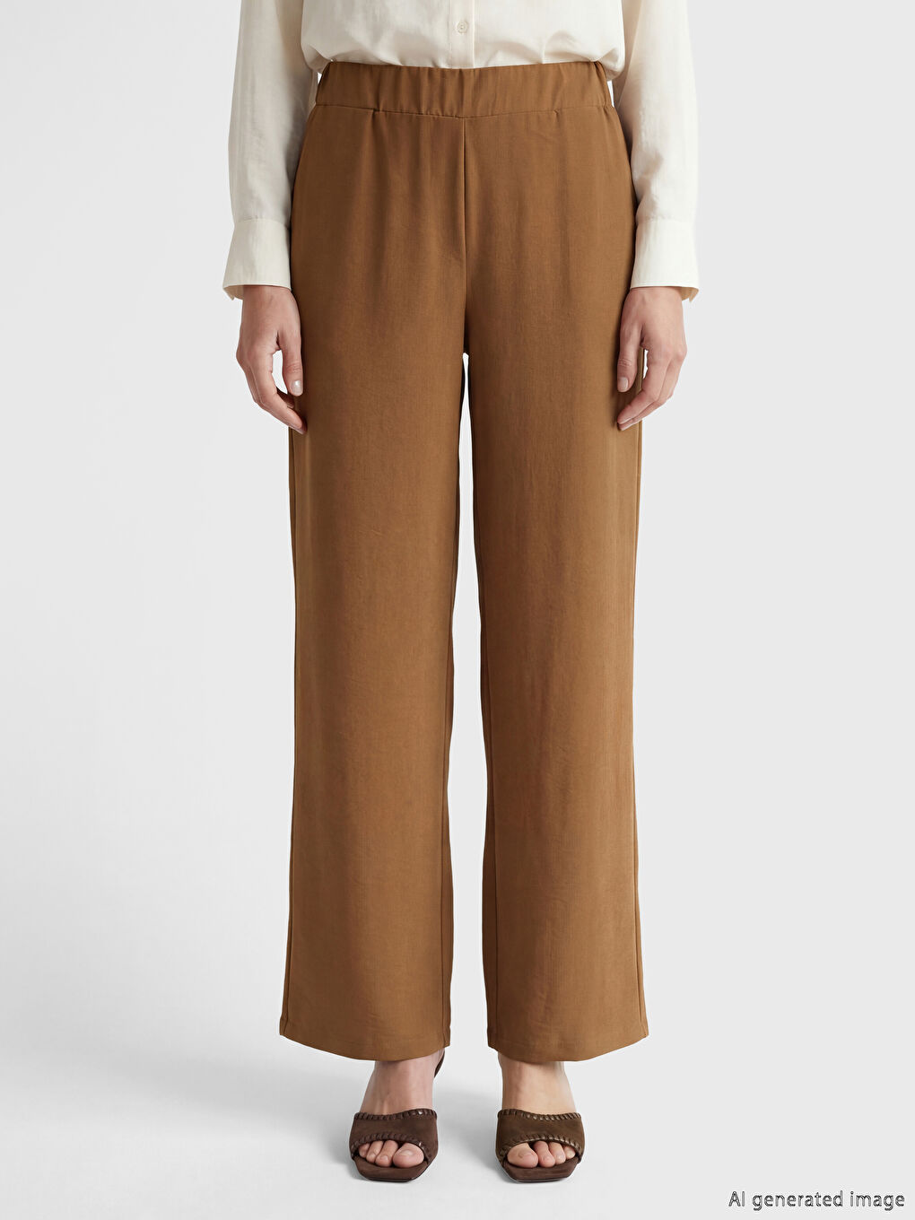 Pantalon Femme à Jambe Large à Taille Élastiquée-1