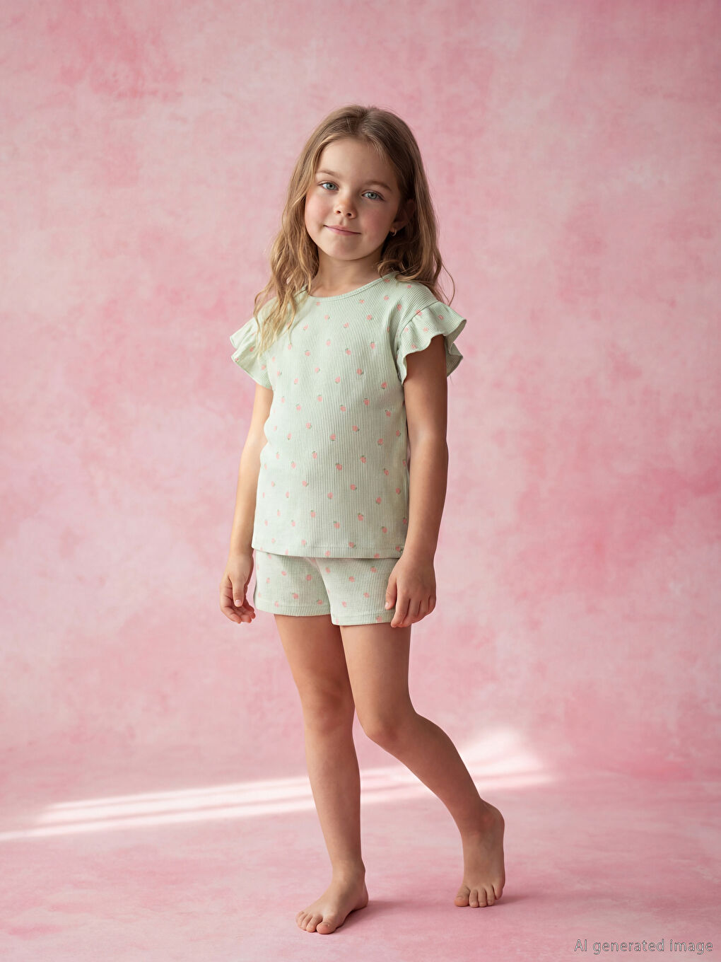 Yeşil Çilek Desenli Kız Çocuk Şort ve Tişört