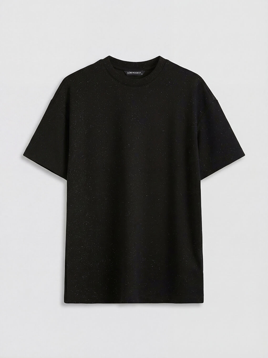 Siyah Bisiklet Yaka Parlak Görünümlü Kadın Tişört