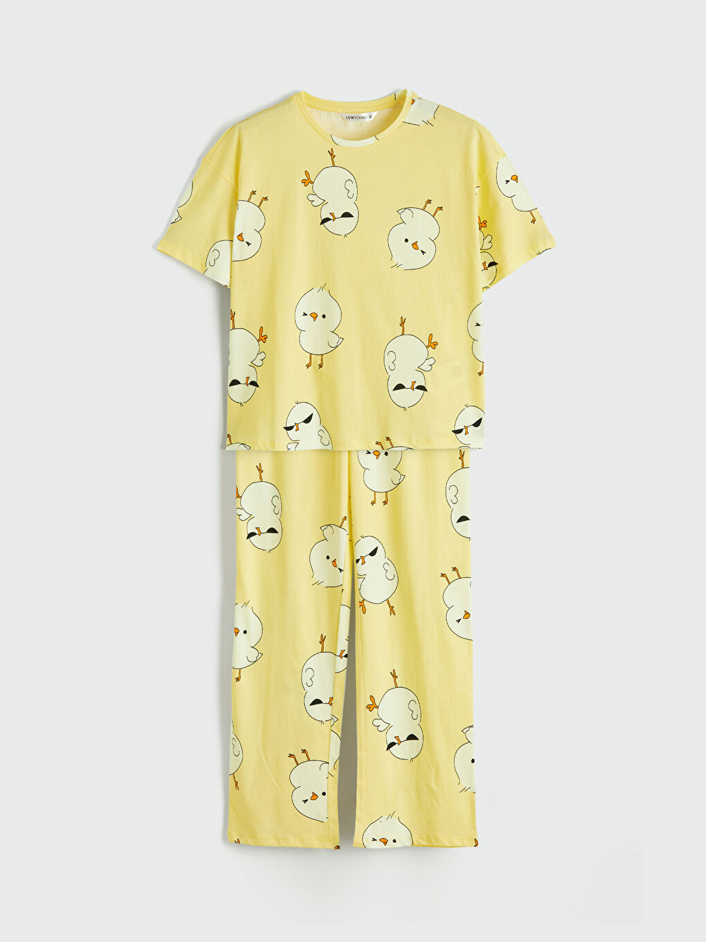 Sarı Bisiklet Yaka Desenli Kadın Pijama Takım