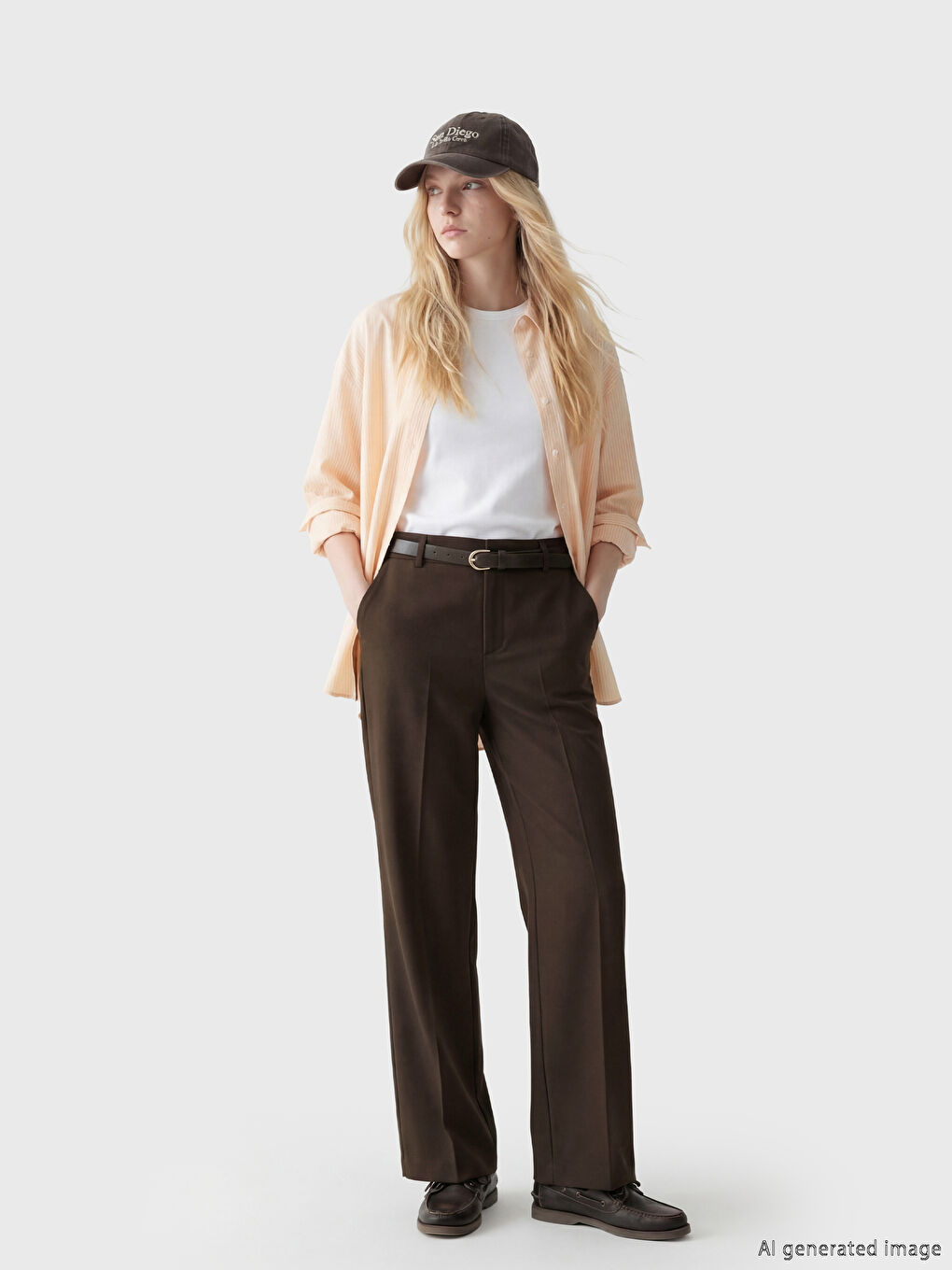 Kahverengi Beli Kemerli Geniş Paça Kadın Pantolon