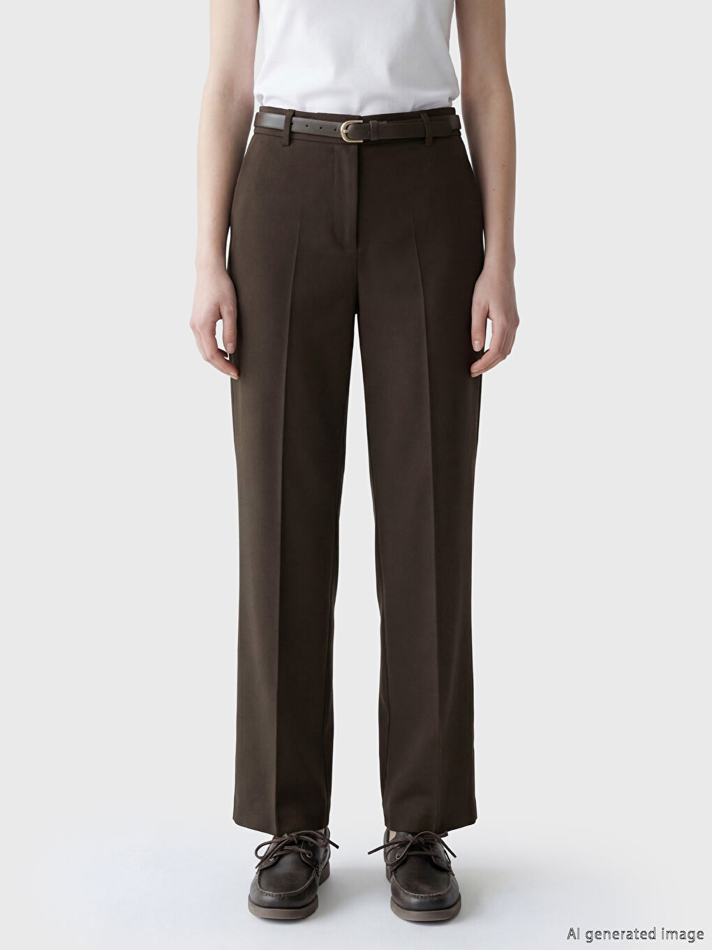 Kahverengi Beli Kemerli Geniş Paça Kadın Pantolon-2