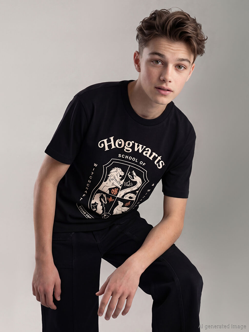 Siyah Bisiklet Yaka Harry Potter Baskılı Erkek Çocuk Tişört