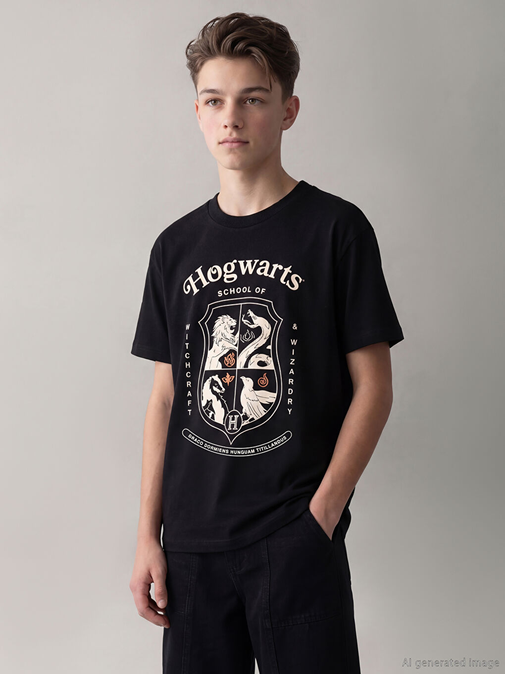 Siyah Bisiklet Yaka Harry Potter Baskılı Erkek Çocuk Tişört-1