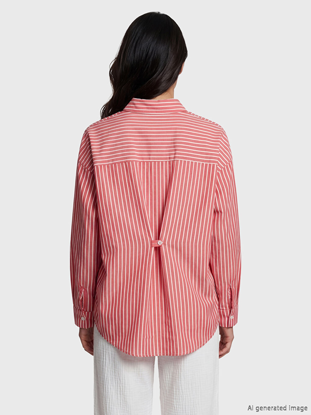 Kırmızı Çizgili Poplin Kadın Gömlek-3