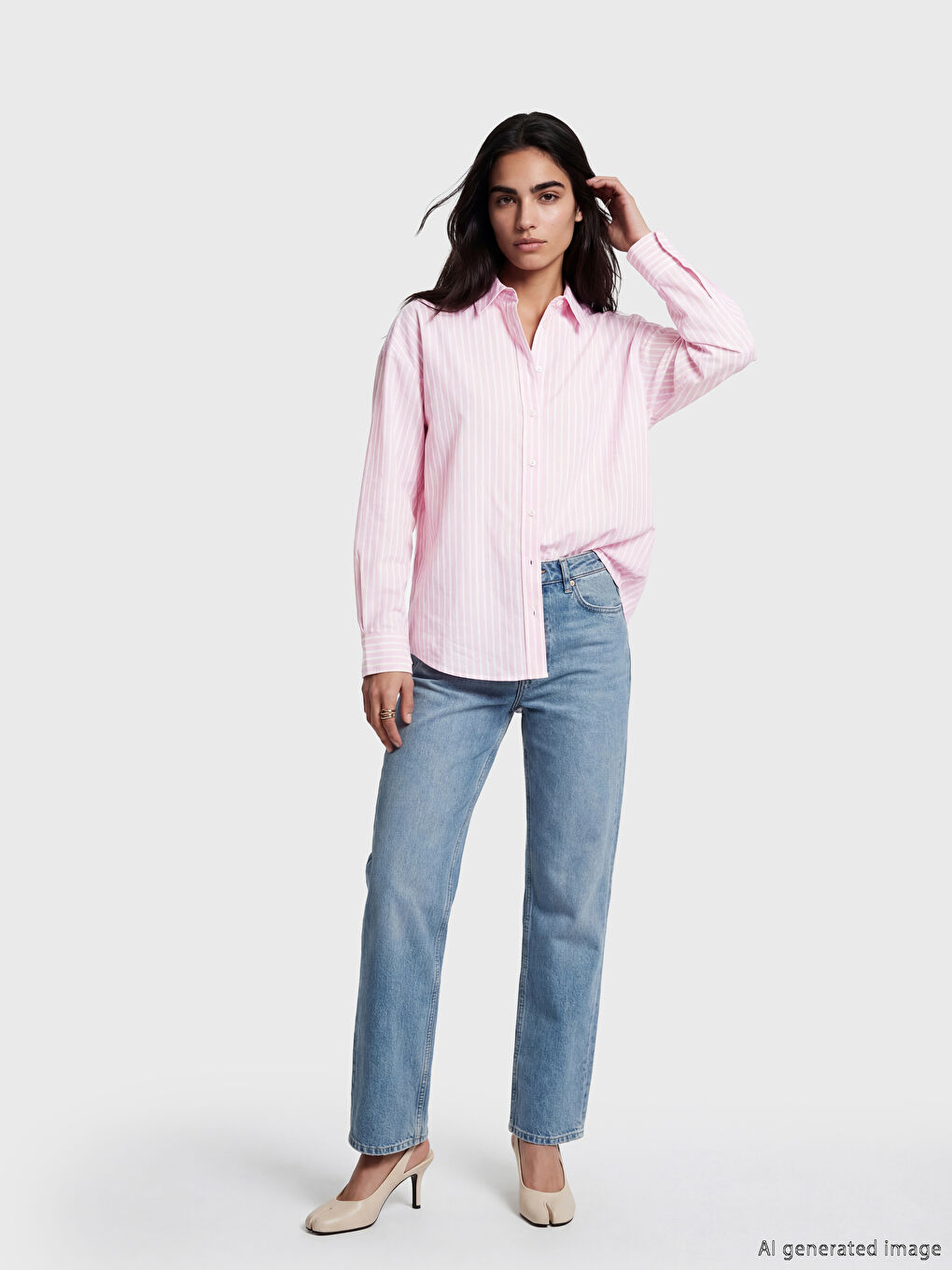 Pembe Çizgili Poplin Kadın Gömlek-1