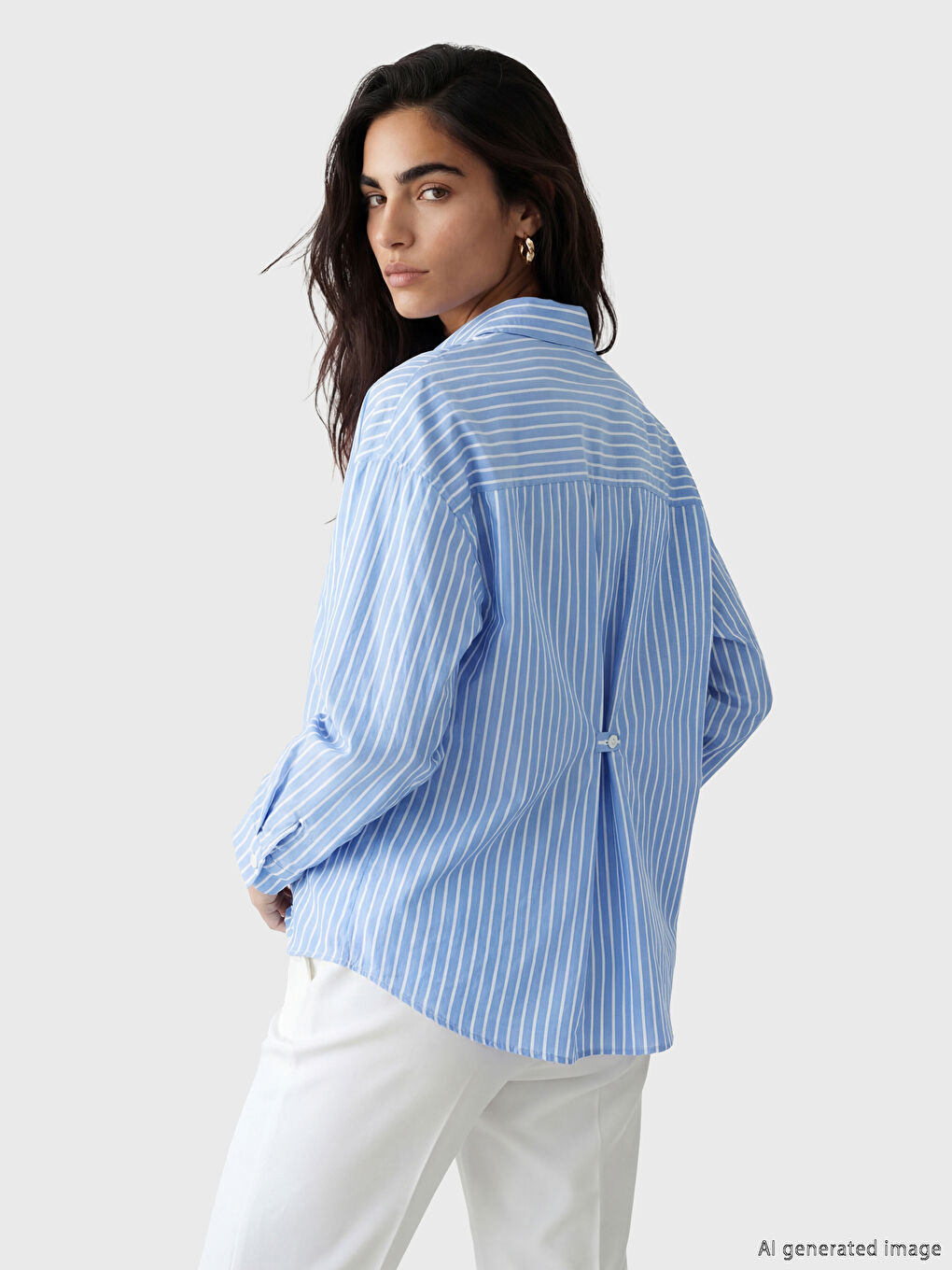 Mavi Çizgili Poplin Kadın Gömlek-1