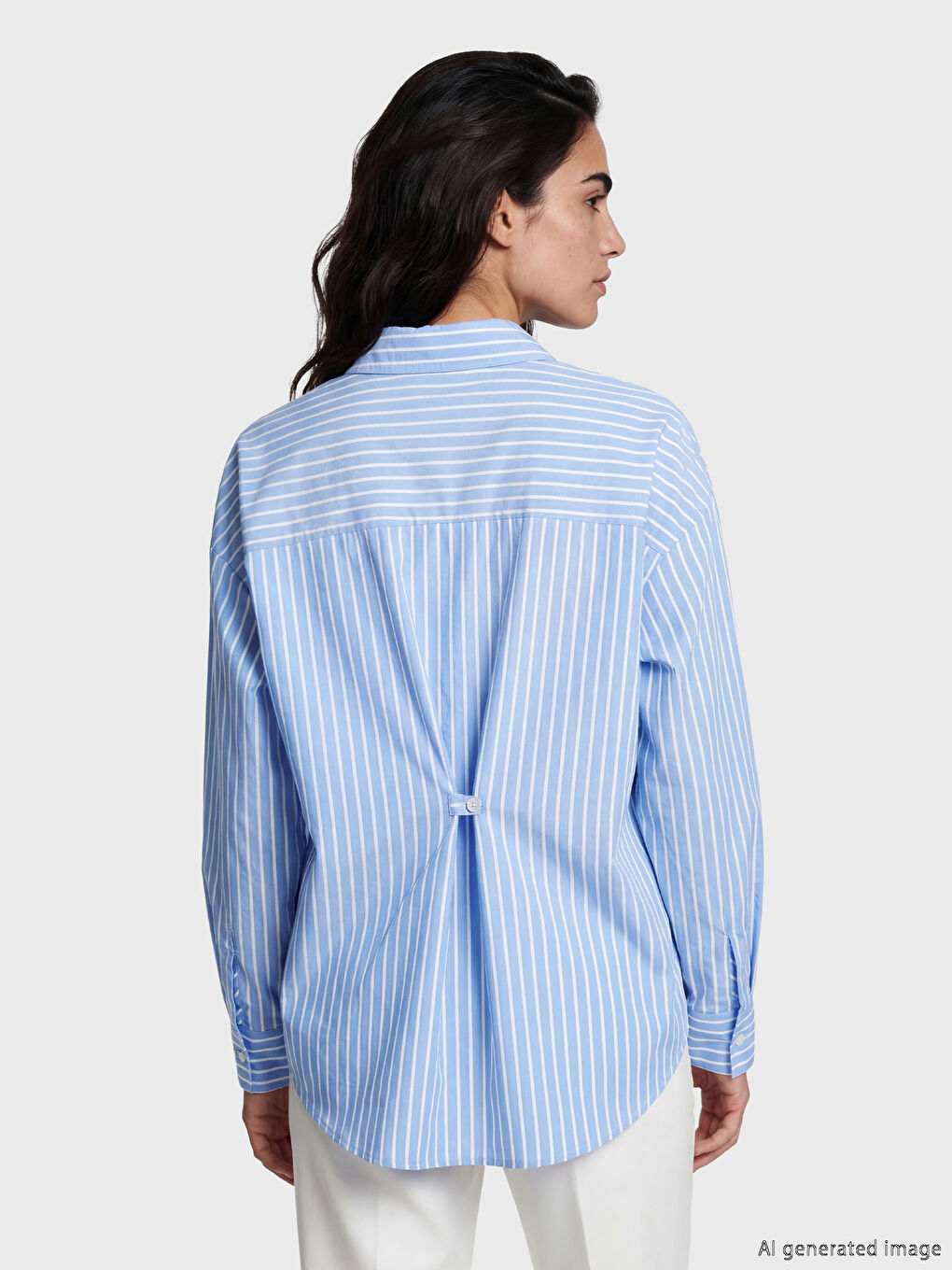 Mavi Çizgili Poplin Kadın Gömlek-3