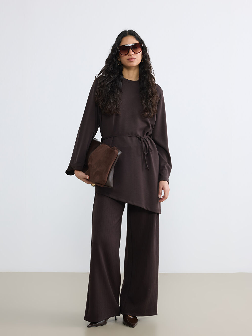 Kahverengi Yüksek Bel Çizgili Geniş Paça Kadın Pantolon