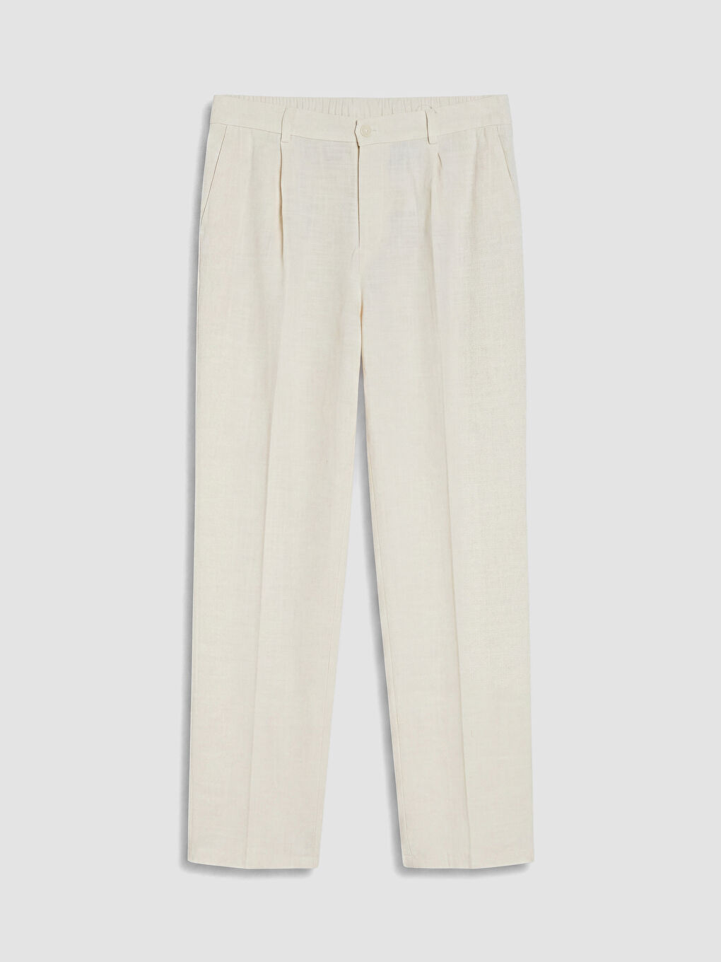 Bej Regular Fit Keten Karışımlı Erkek Pileli Pantolon-4