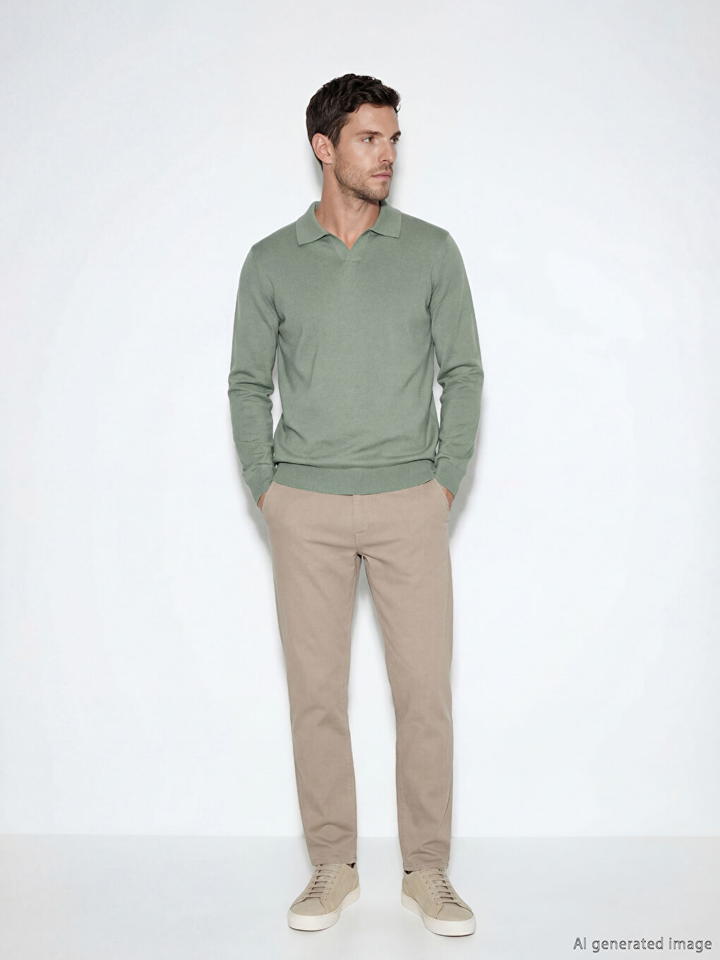 Haki Polo Yaka Erkek Triko Kazak-1