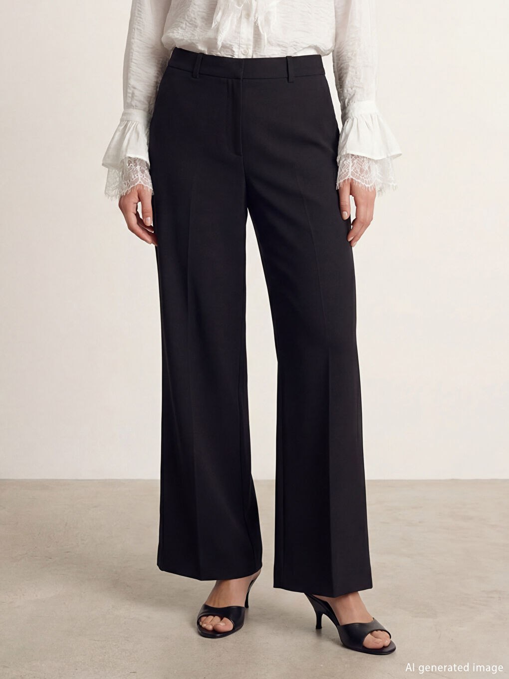 Siyah Standart Kalıp Geniş Paça Kadın Pantolon-1