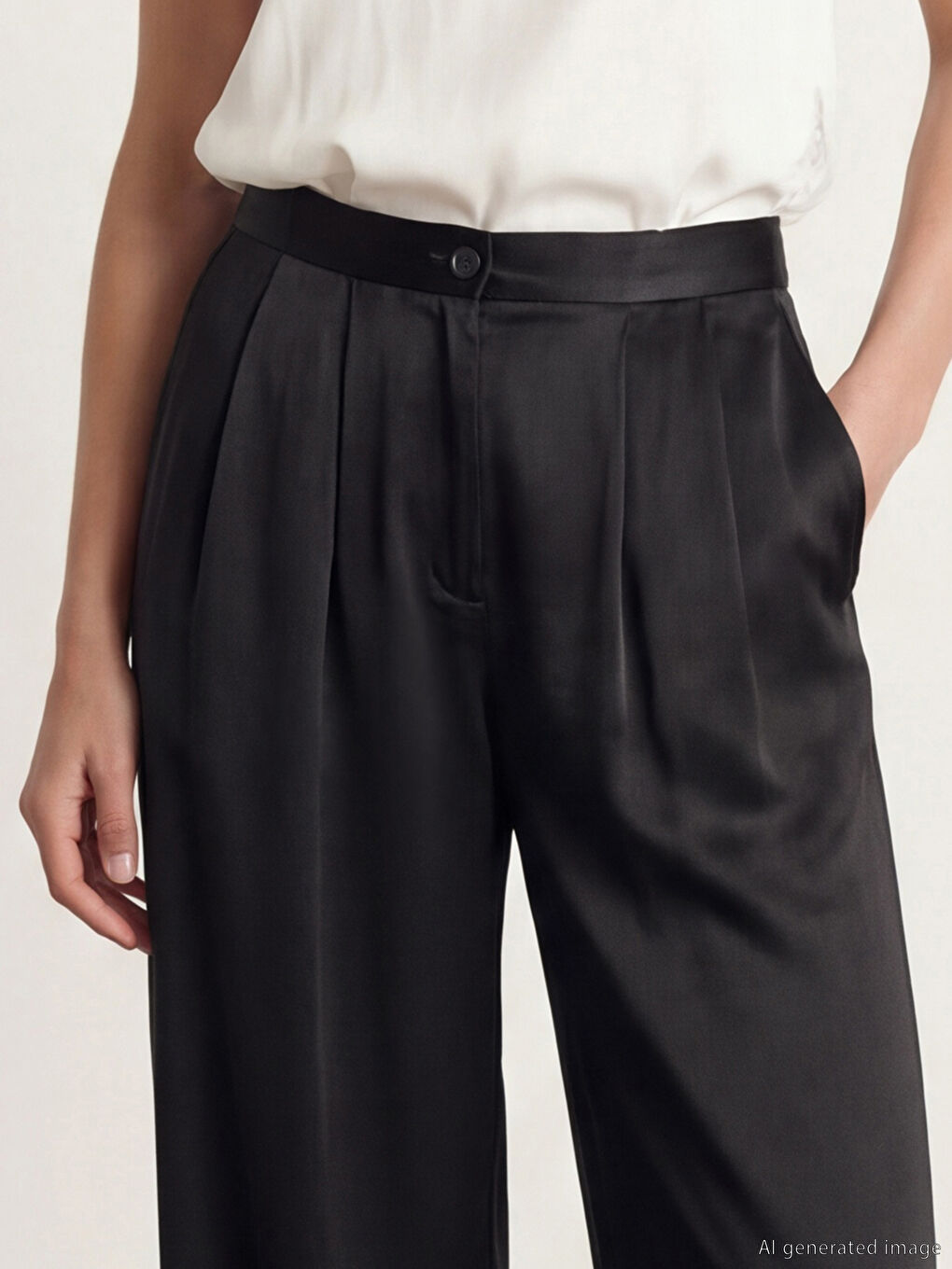 Siyah Yüksek Bel Geniş Paça Saten Kadın Pileli Pantolon-2