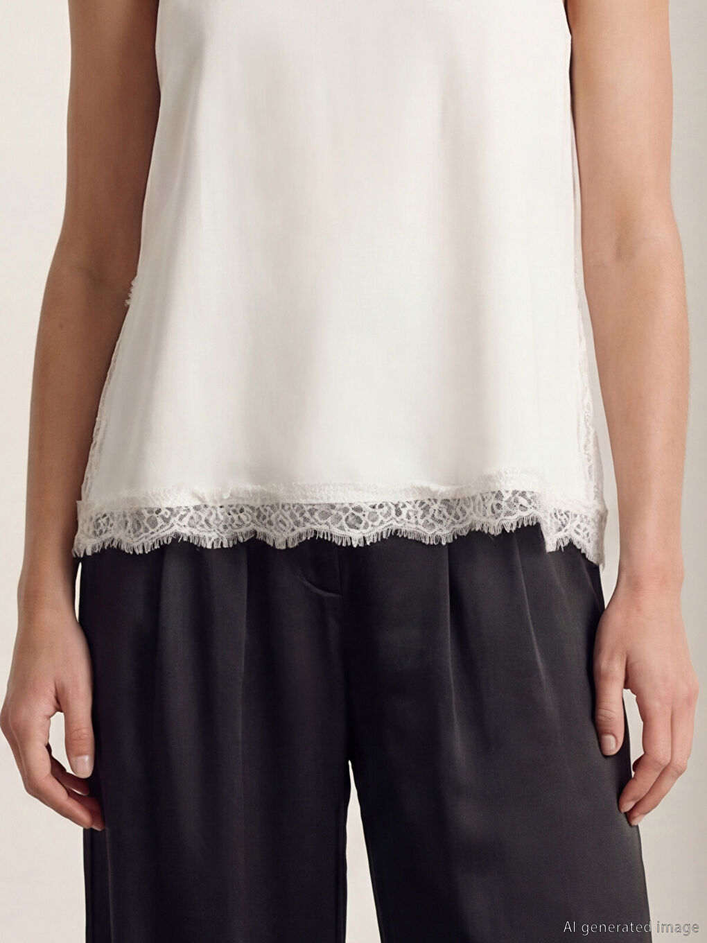 Ekru Bisiklet Yaka Dantel Detaylı Saten Bluz-2