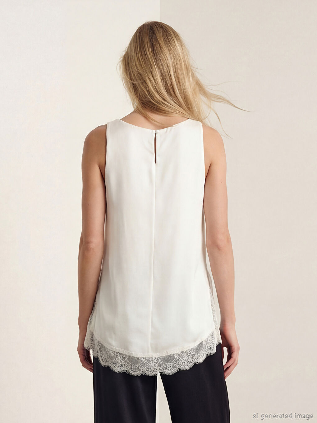 Ekru Bisiklet Yaka Dantel Detaylı Saten Bluz-3