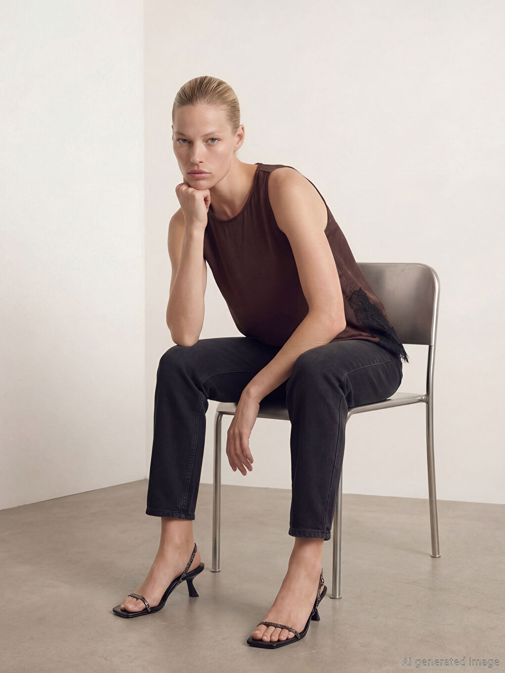 Kahverengi Bisiklet Yaka Dantel Detaylı Saten Bluz