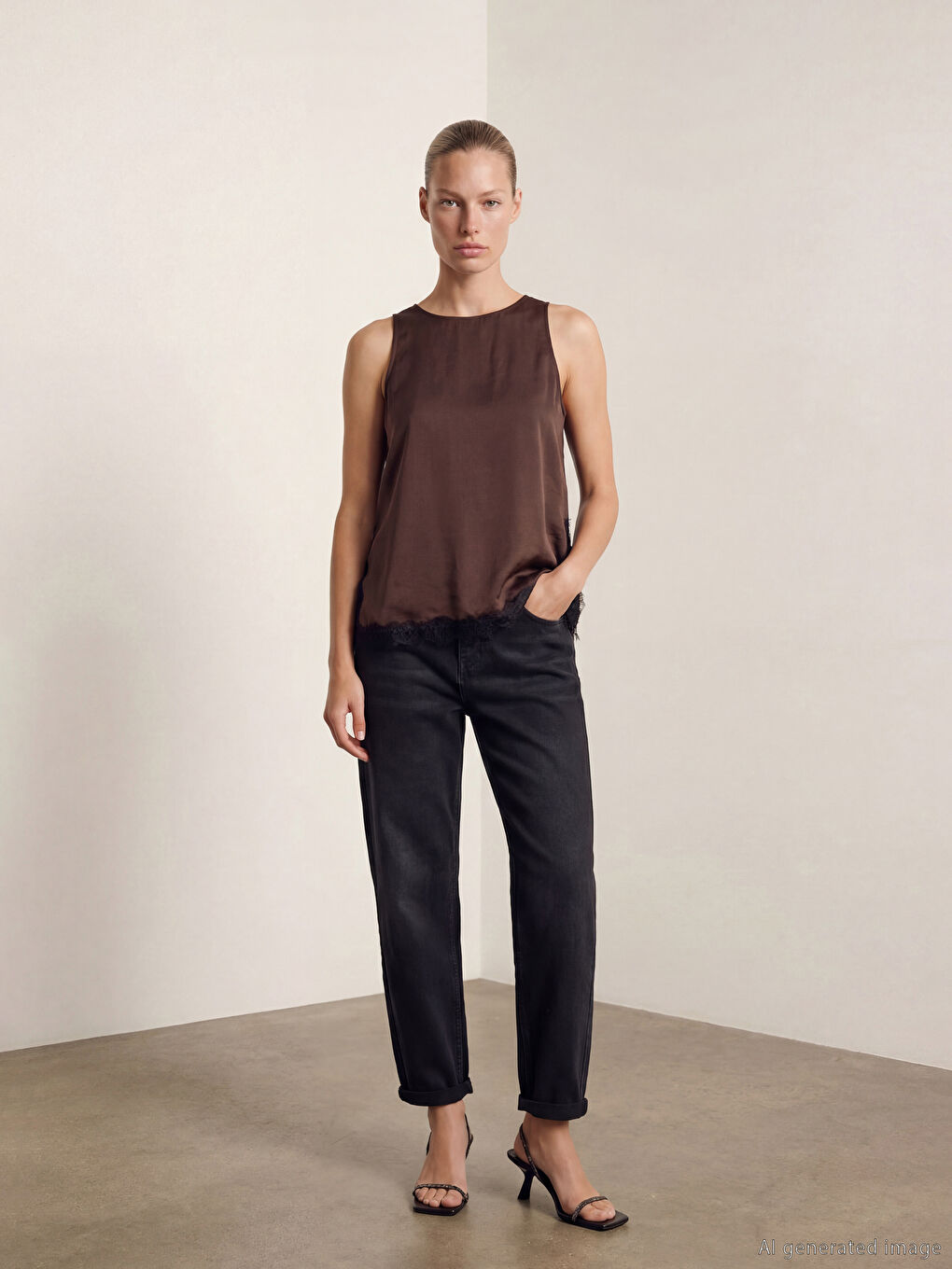 Kahverengi Bisiklet Yaka Dantel Detaylı Saten Bluz-1