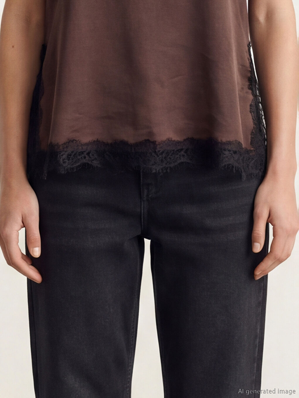 Kahverengi Bisiklet Yaka Dantel Detaylı Saten Bluz-2