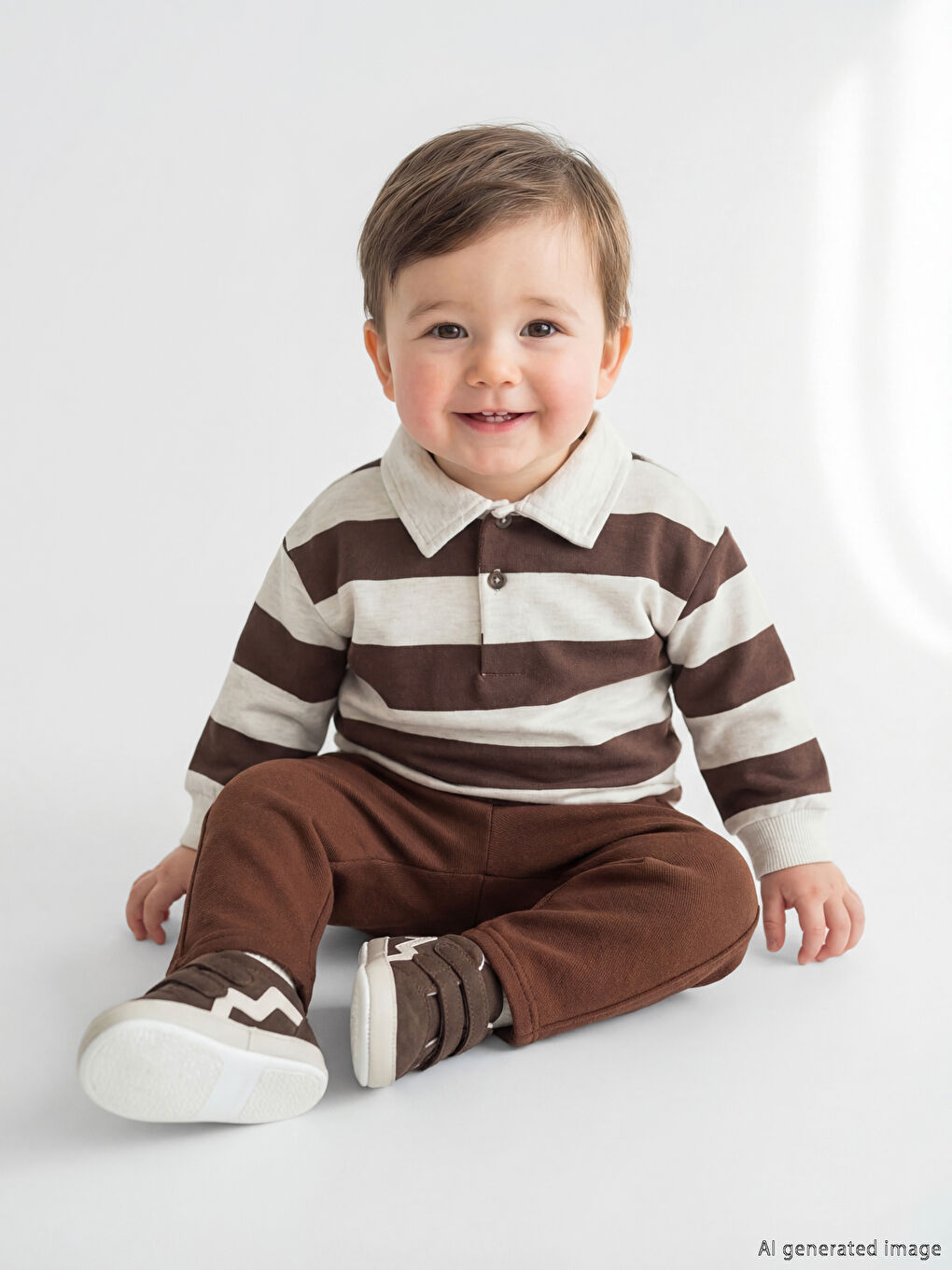 Kahverengi Polo Yaka Çizgili Erkek Bebek Sweatshirt ve Eşofman Altı-1