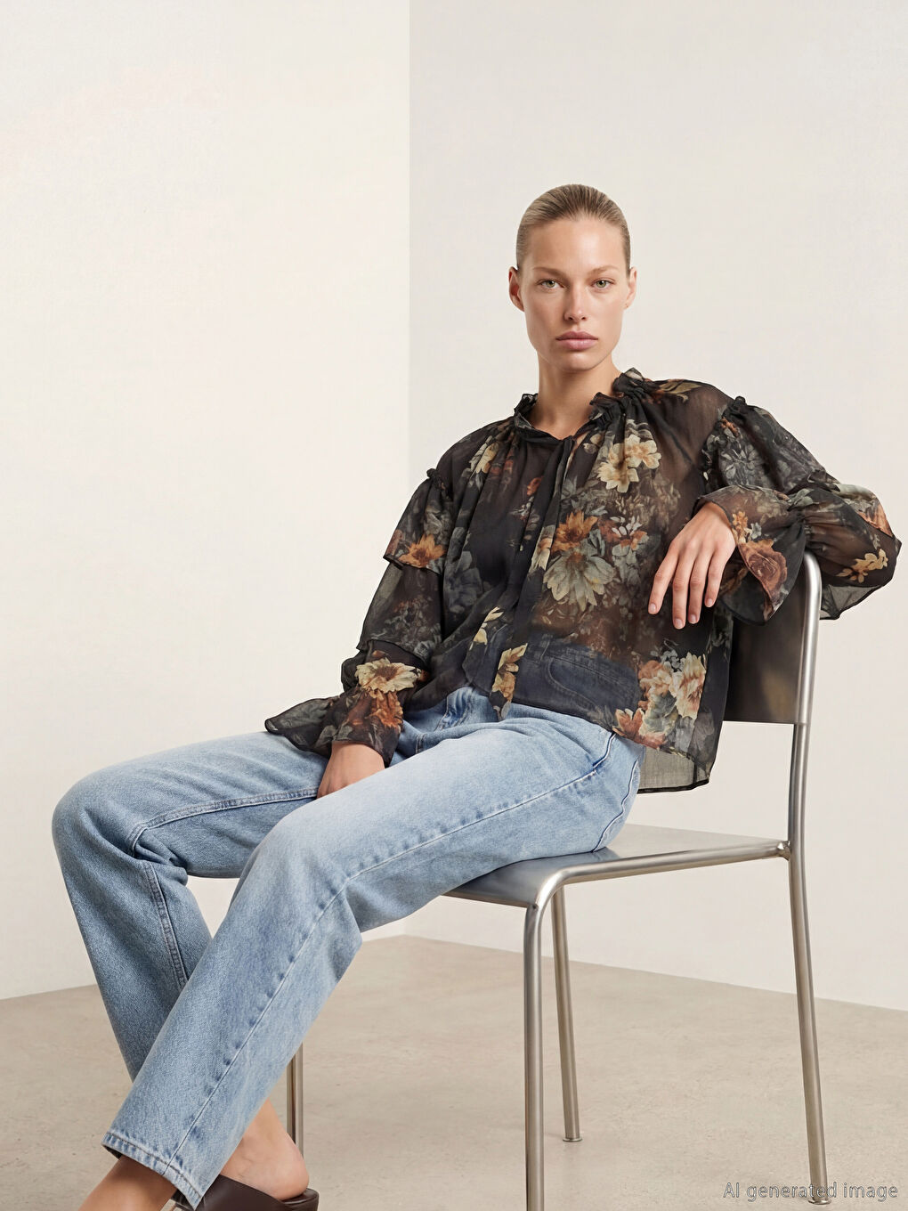 Lacivert Bağlamalı Yaka Çiçekli Fırfırlı Şifon Bluz