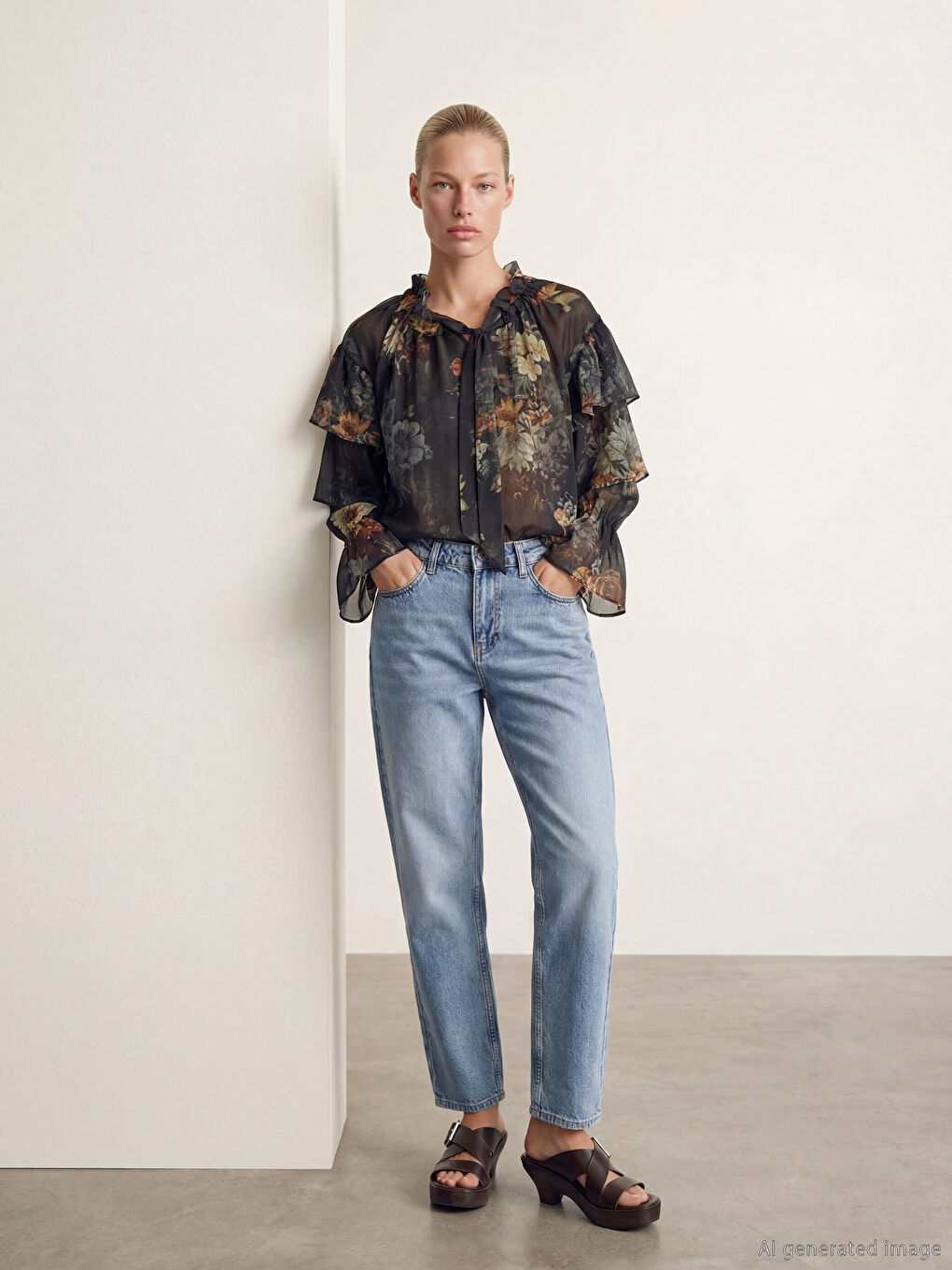 Lacivert Bağlamalı Yaka Çiçekli Fırfırlı Şifon Bluz-1