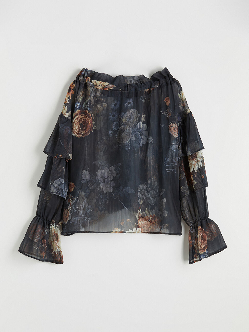 Lacivert Bağlamalı Yaka Çiçekli Fırfırlı Şifon Bluz-3