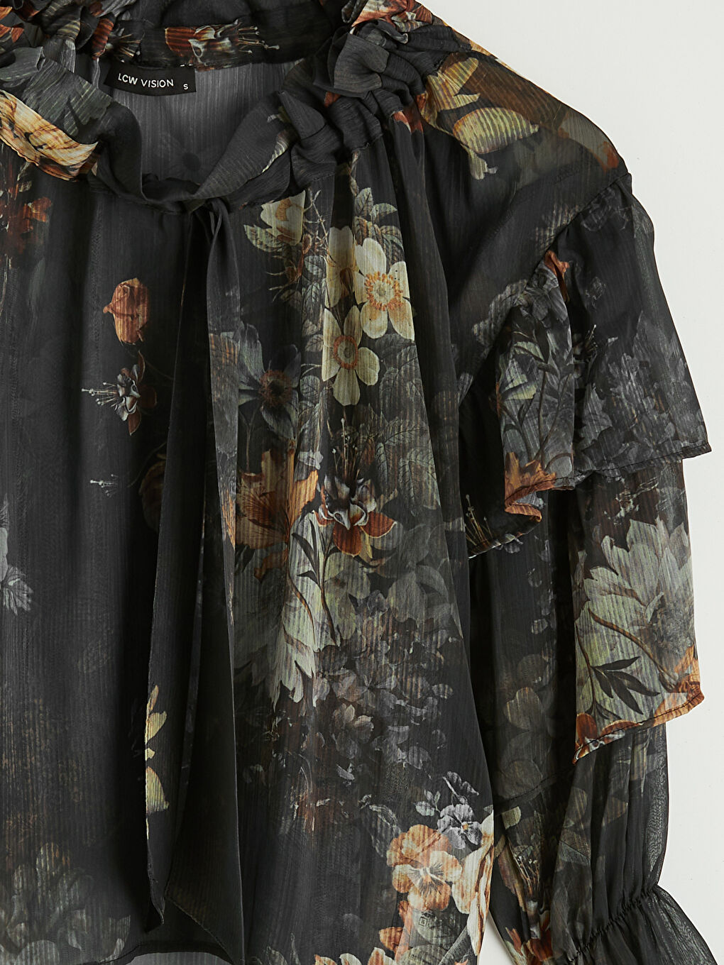 Lacivert Bağlamalı Yaka Çiçekli Fırfırlı Şifon Bluz-5