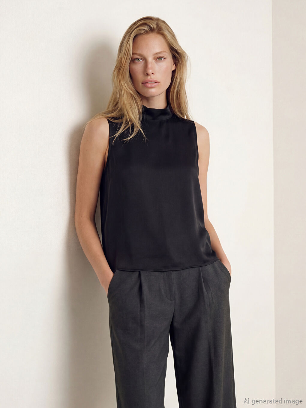 Siyah Dik Yaka Saten Bluz