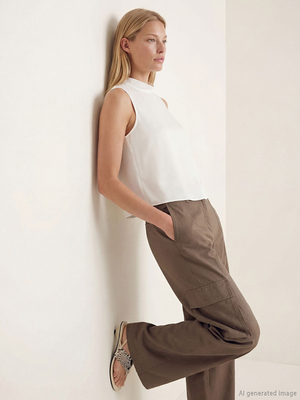 Ekru Fular Yaka Saten Bluz