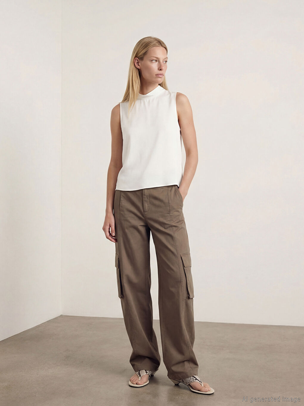 Ekru Fular Yaka Saten Bluz-1