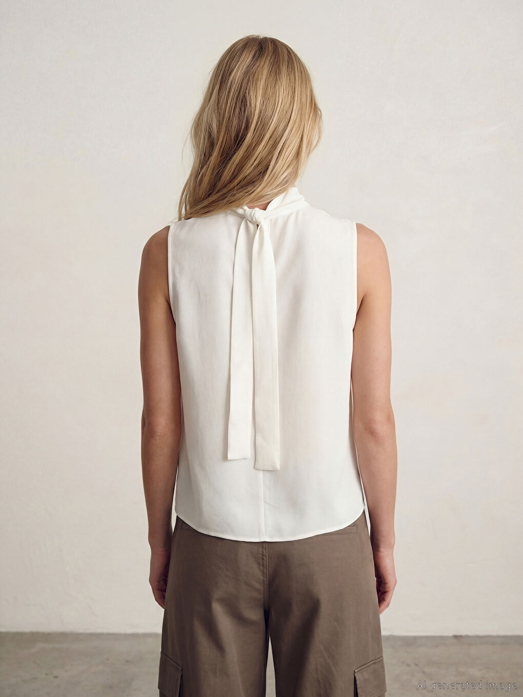 Ekru Fular Yaka Saten Bluz-3