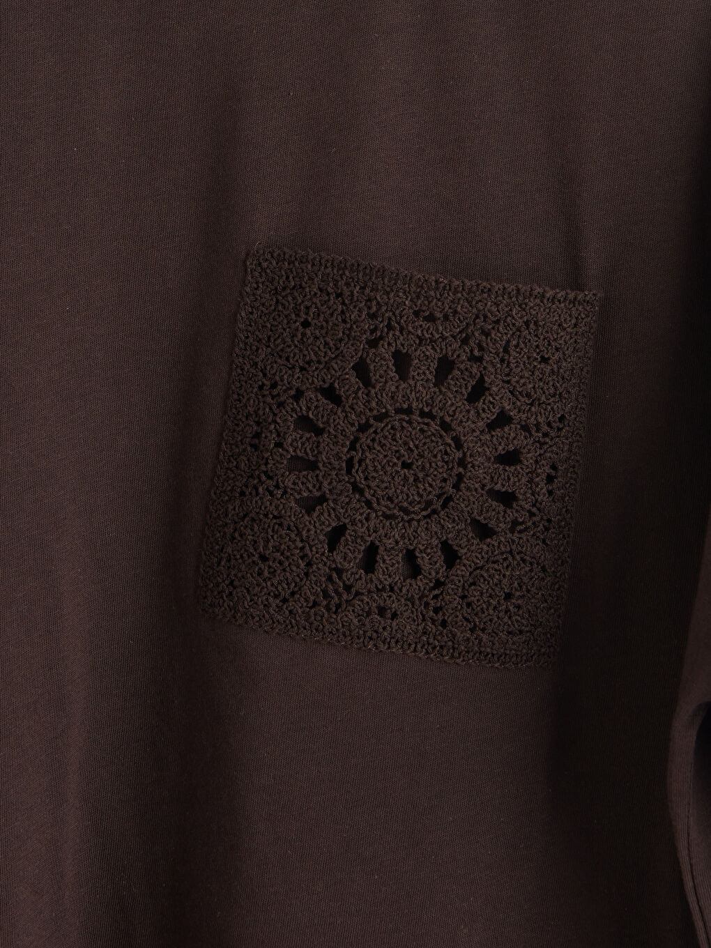 Kahverengi Bisiklet Yaka Dantel Nakışlı Kadın Tişört-2