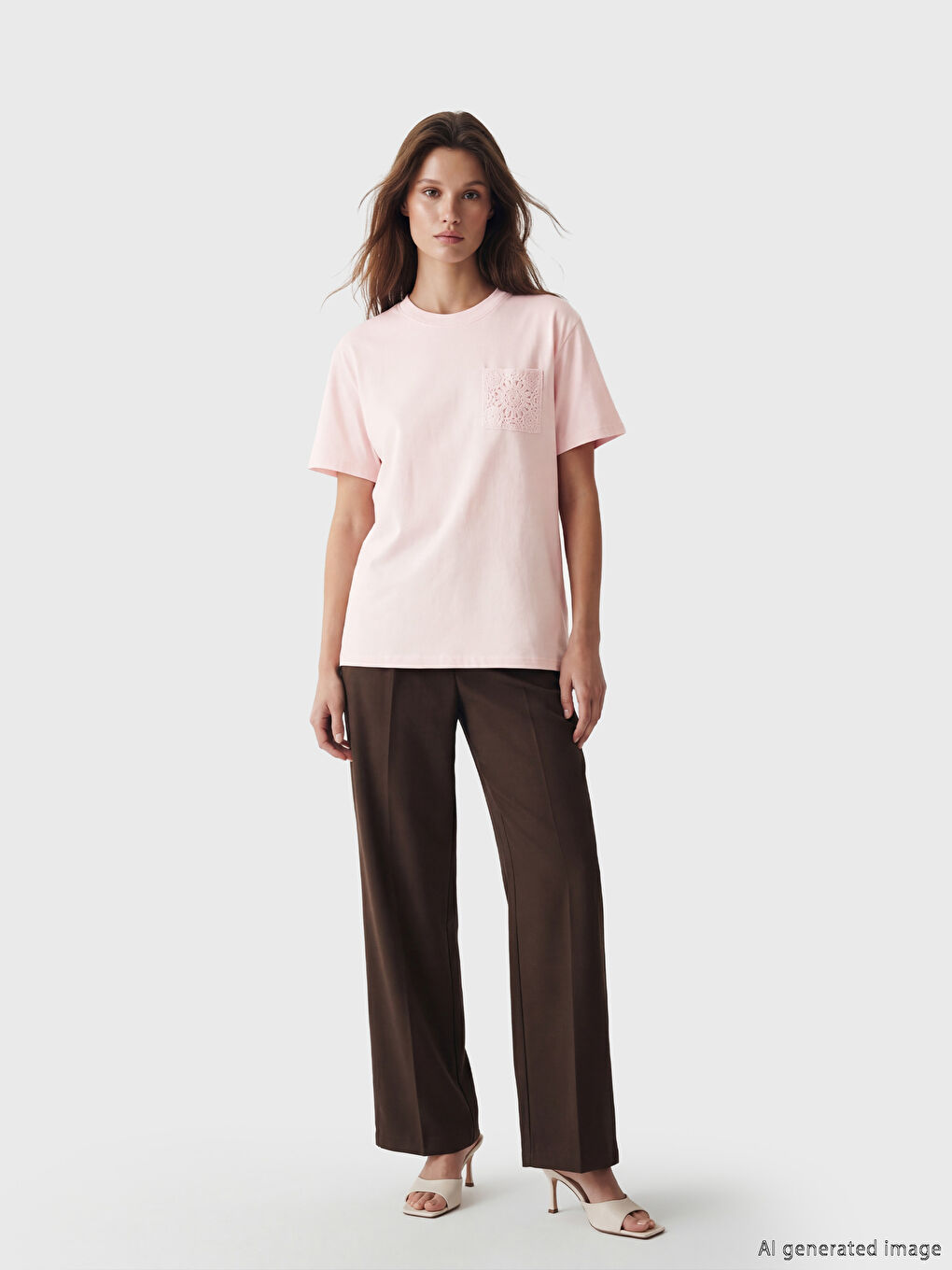 Pembe Bisiklet Yaka Dantel Nakışlı Kadın Tişört-1