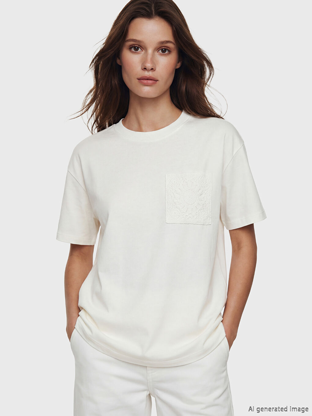 Beyaz Bisiklet Yaka Dantel Nakışlı Kadın Tişört