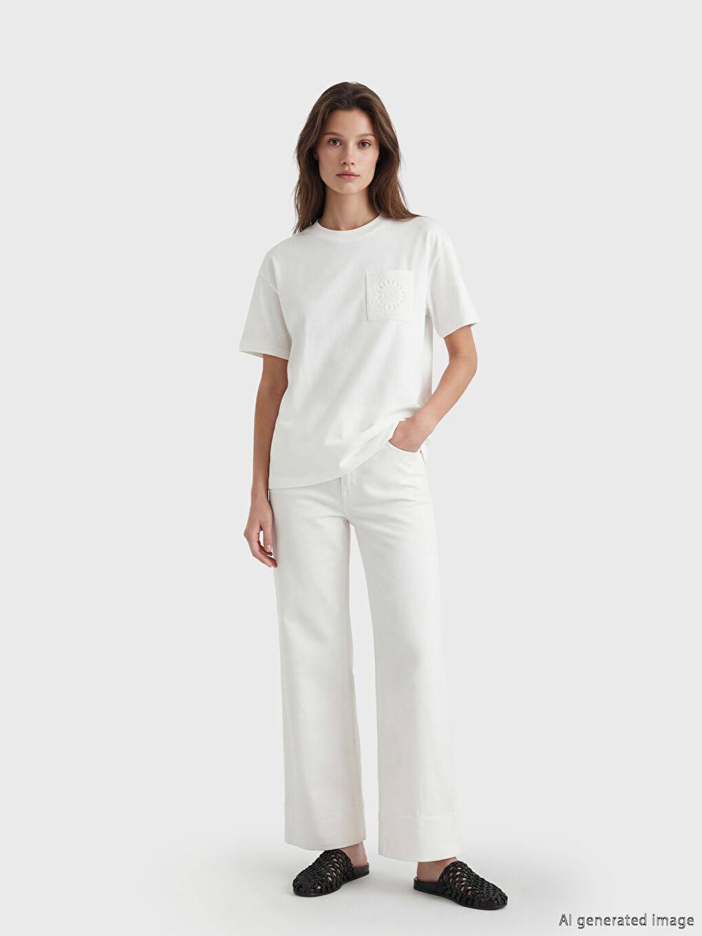 Beyaz Bisiklet Yaka Dantel Nakışlı Kadın Tişört-1