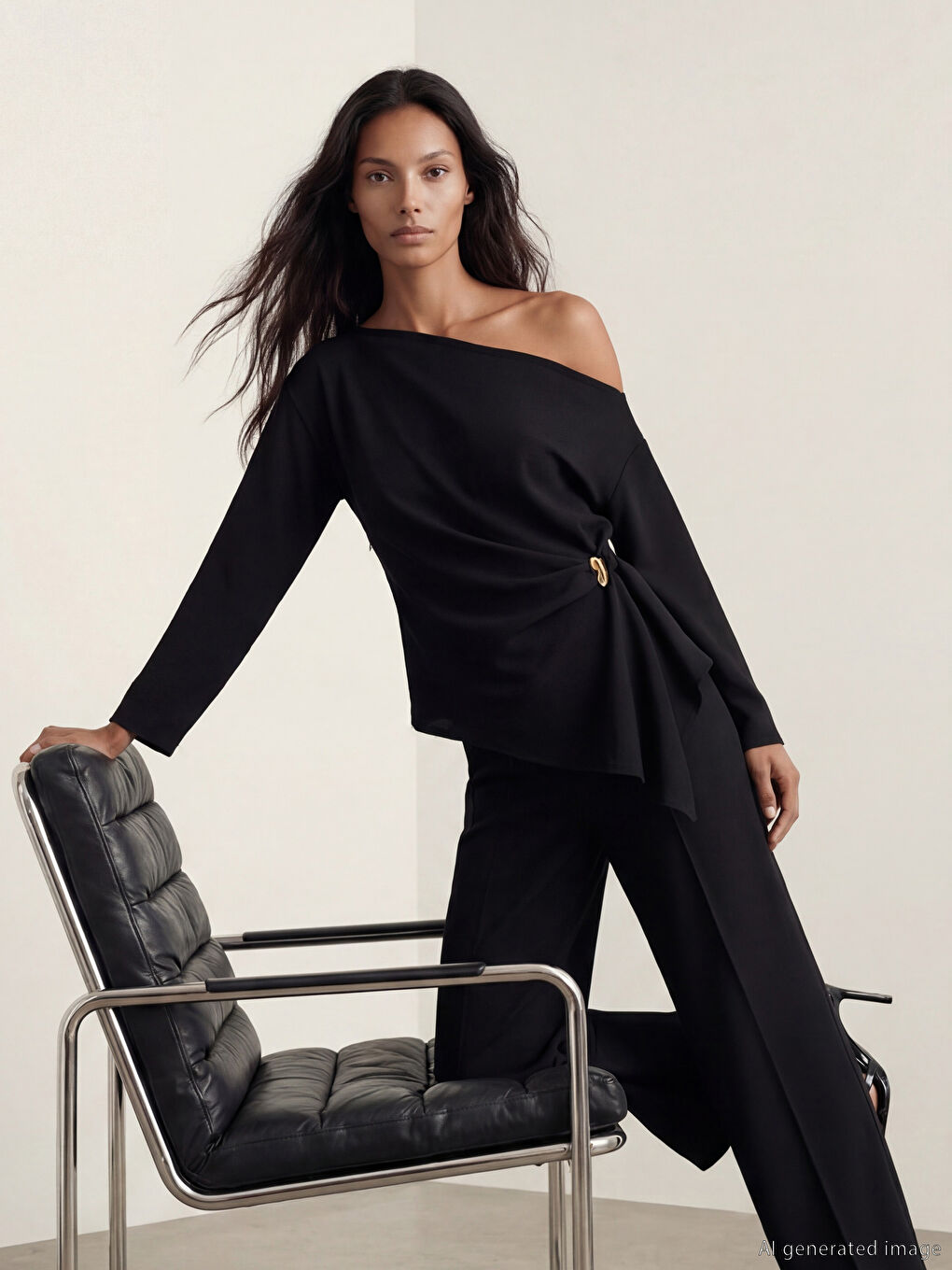 Siyah Kayık Yaka Asimetrik Kesim Büzgülü Bluz