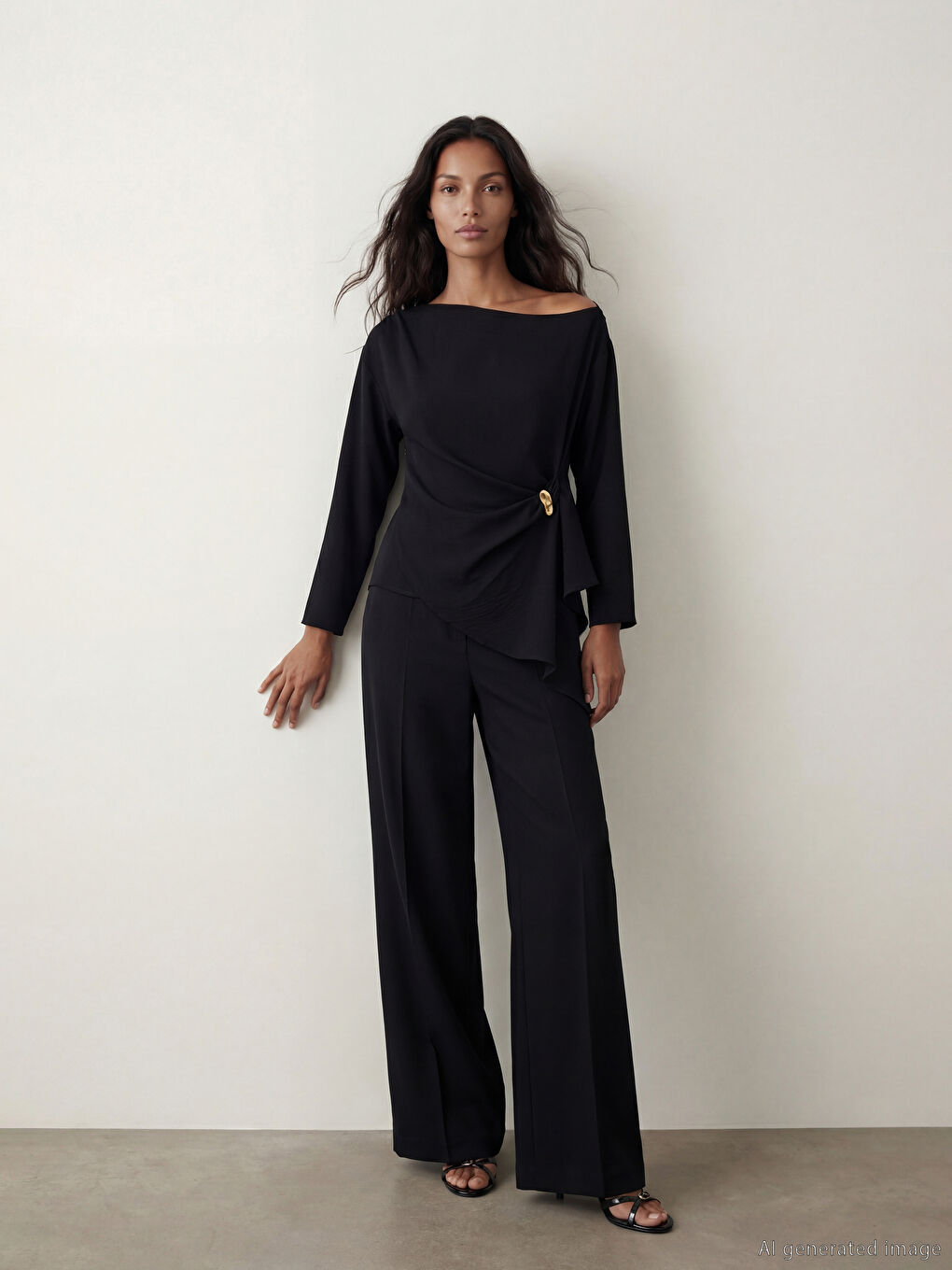 Siyah Kayık Yaka Asimetrik Kesim Büzgülü Bluz-1