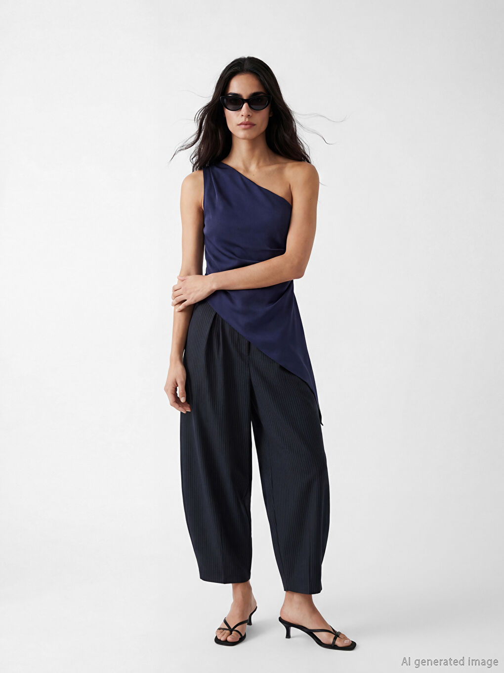 Lacivert Balloon Fit Çizgili Kadın Pantolon