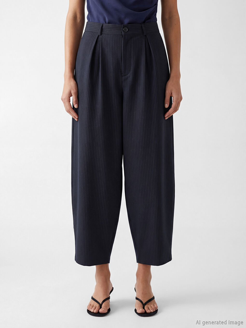 Lacivert Balloon Fit Çizgili Kadın Pantolon-1