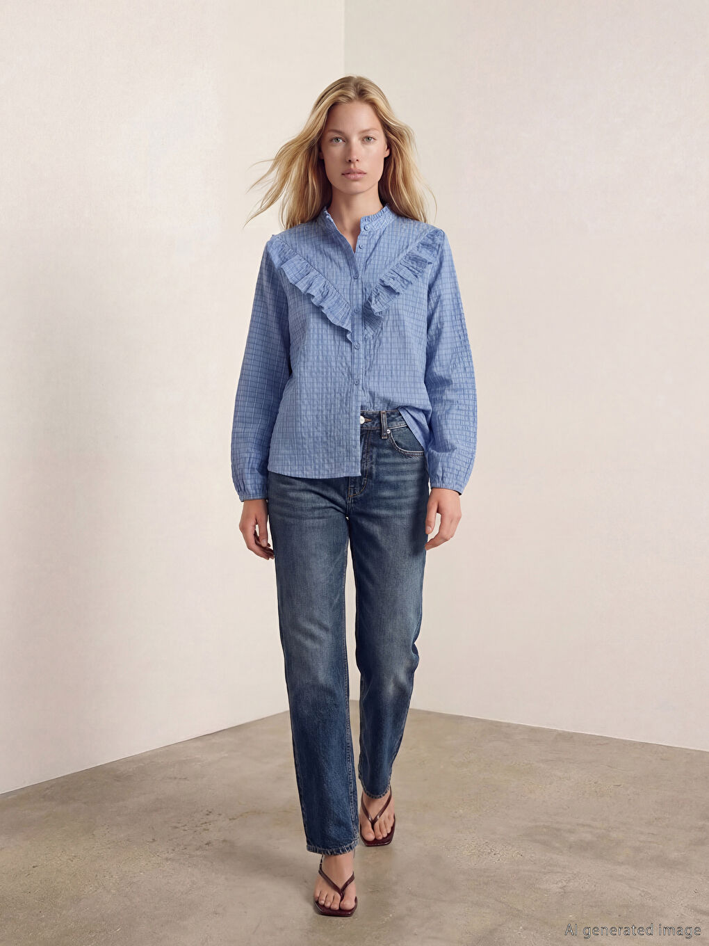 Mavi Hakim Yaka Fırfırlı Dokulu Kadın Gömlek-1