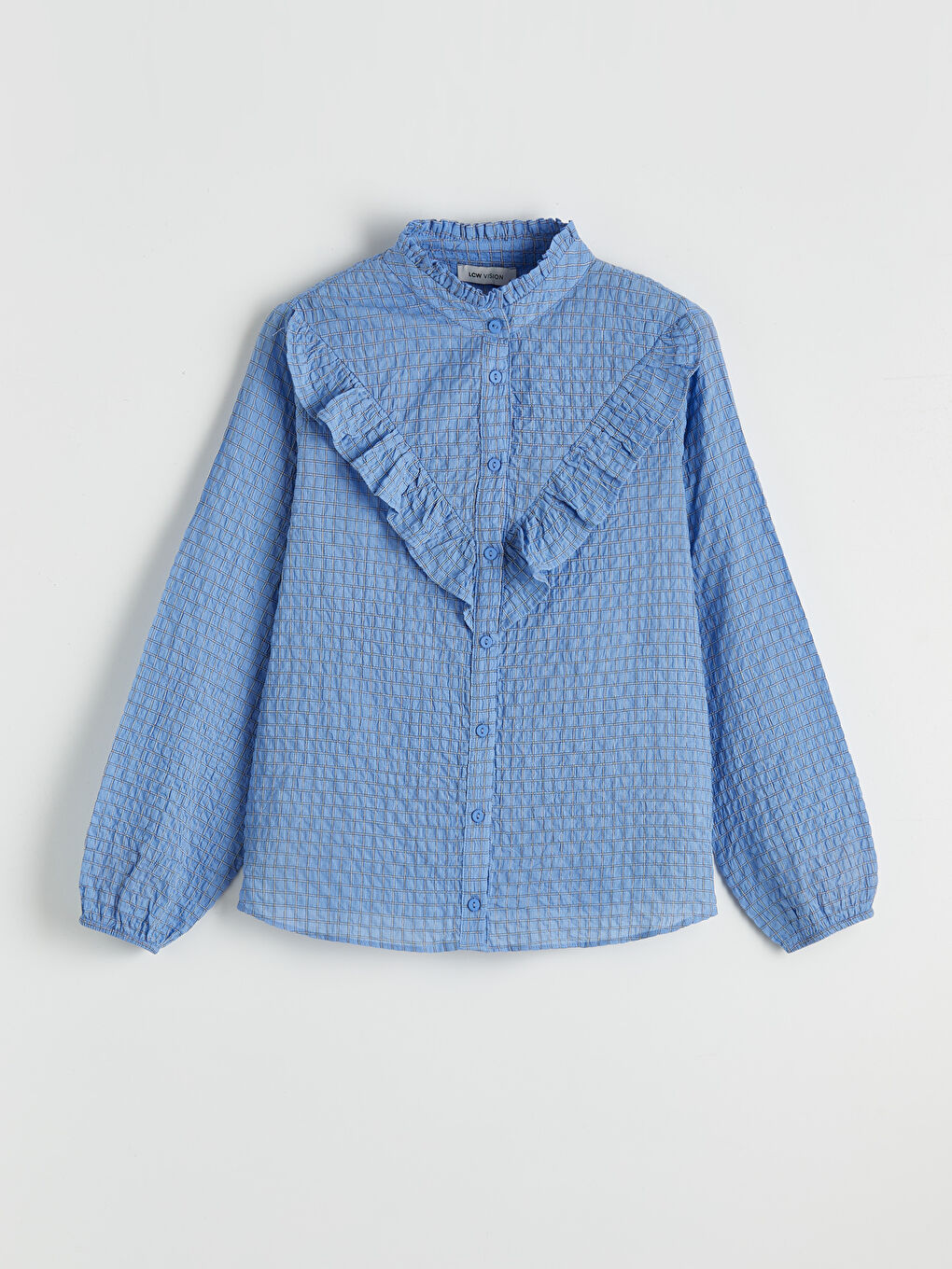 Mavi Hakim Yaka Fırfırlı Dokulu Kadın Gömlek-3