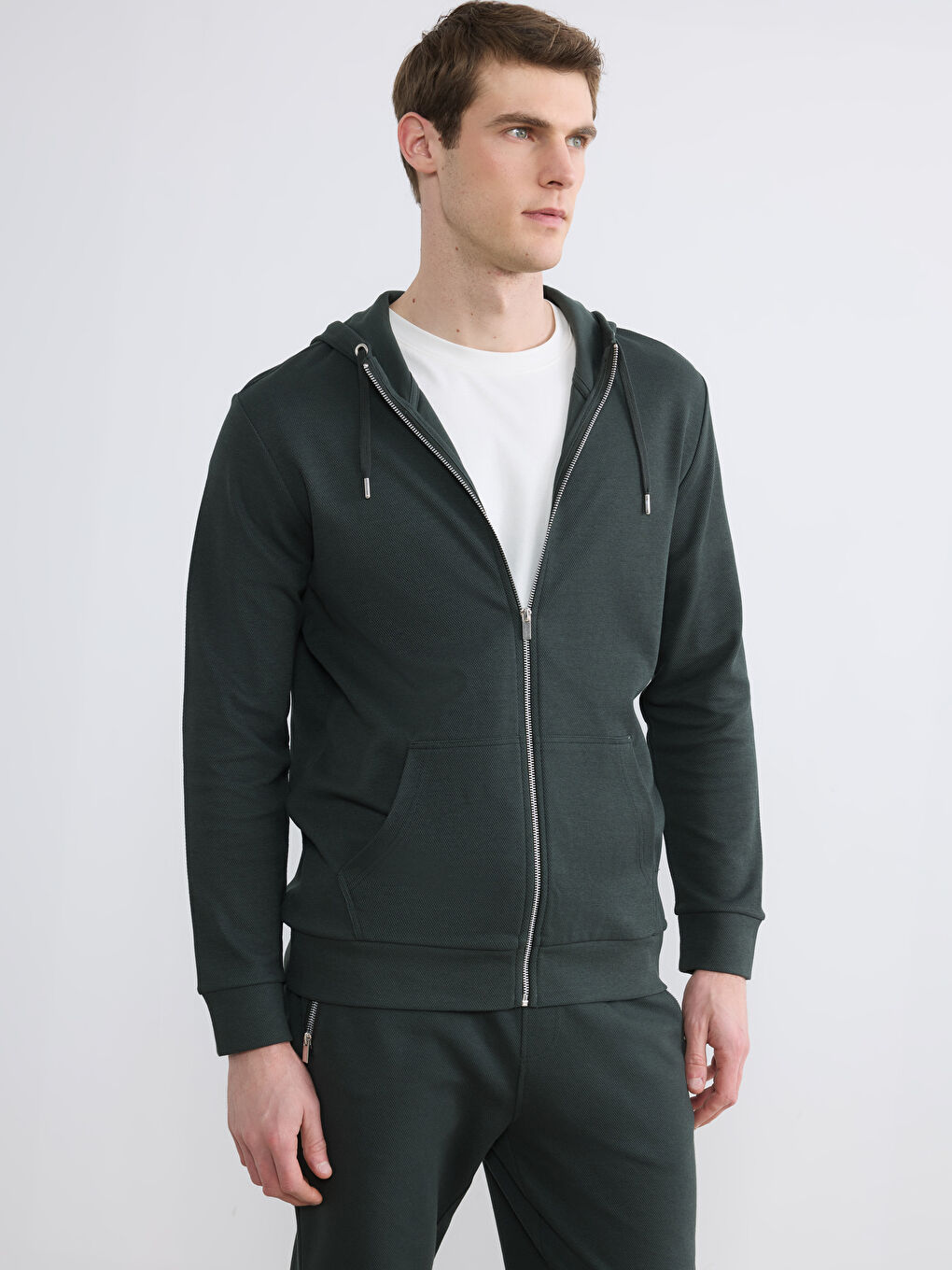 Yeşil Kapüşonlu Erkek Fermuarlı Sweatshirt